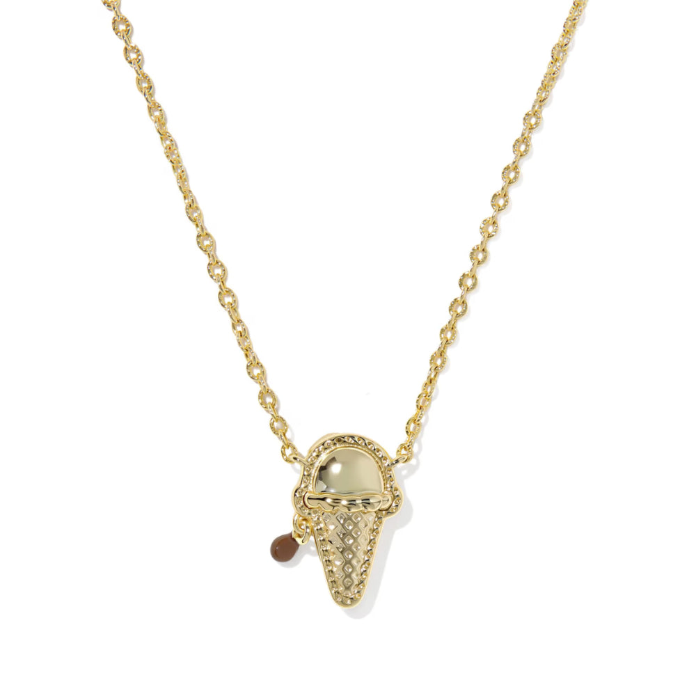 Gold necklace with a unique pendant on a white background