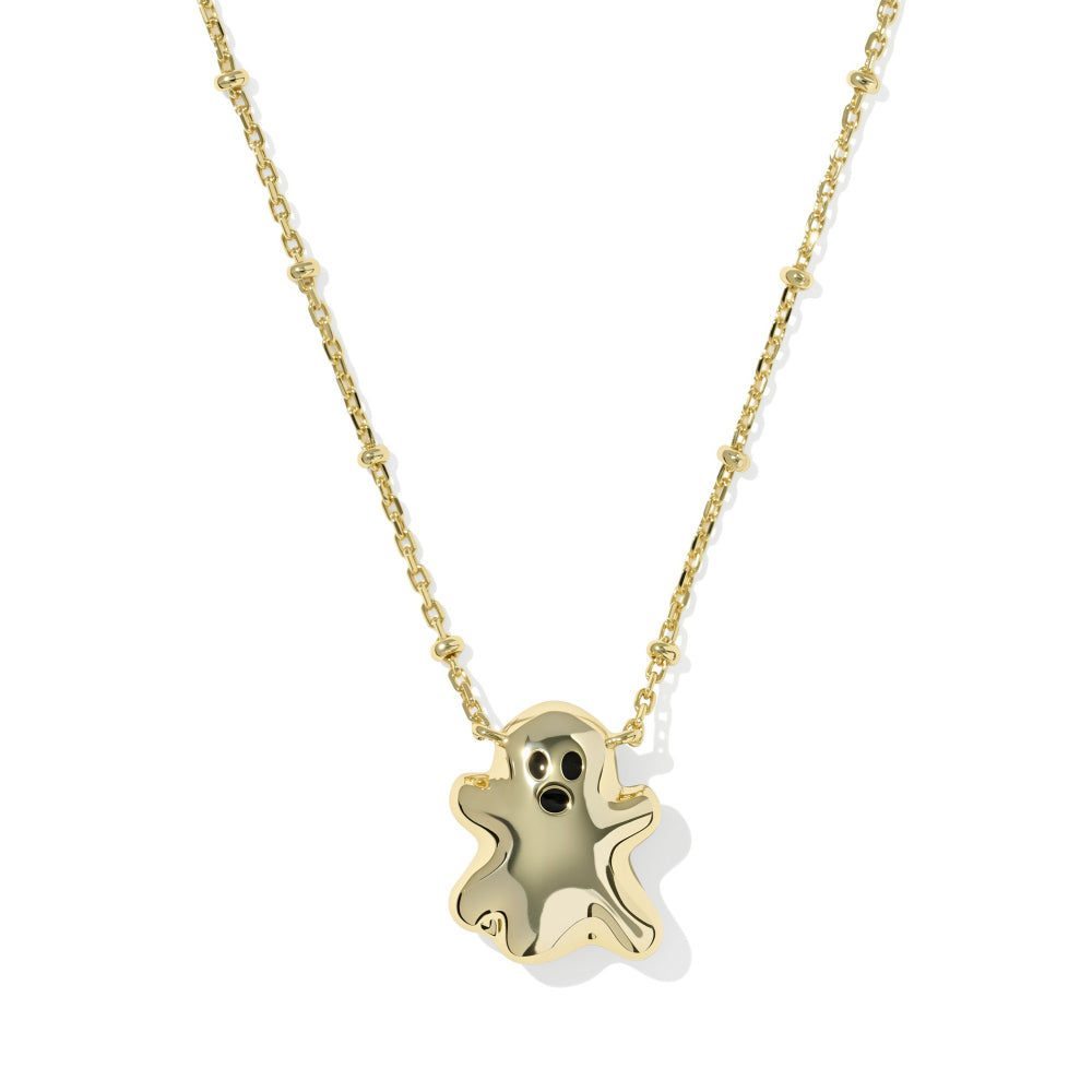 A gold necklace featuring a small, stylized ghost pendant with a surprised face, displayed against a clean white background.
