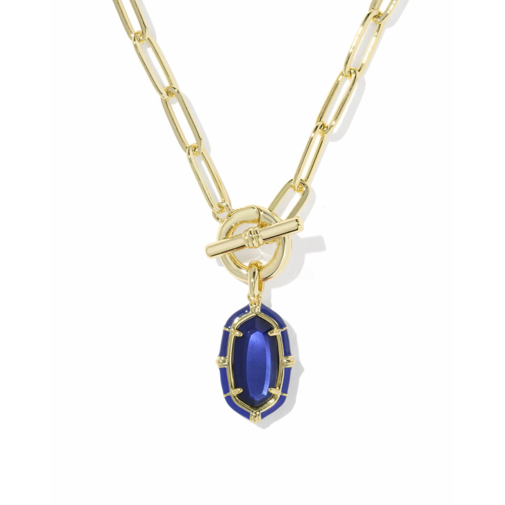 A gold paperclip chain necklace with a toggle clasp and a dangling oval blue gemstone pendant, shown on a clean white background.