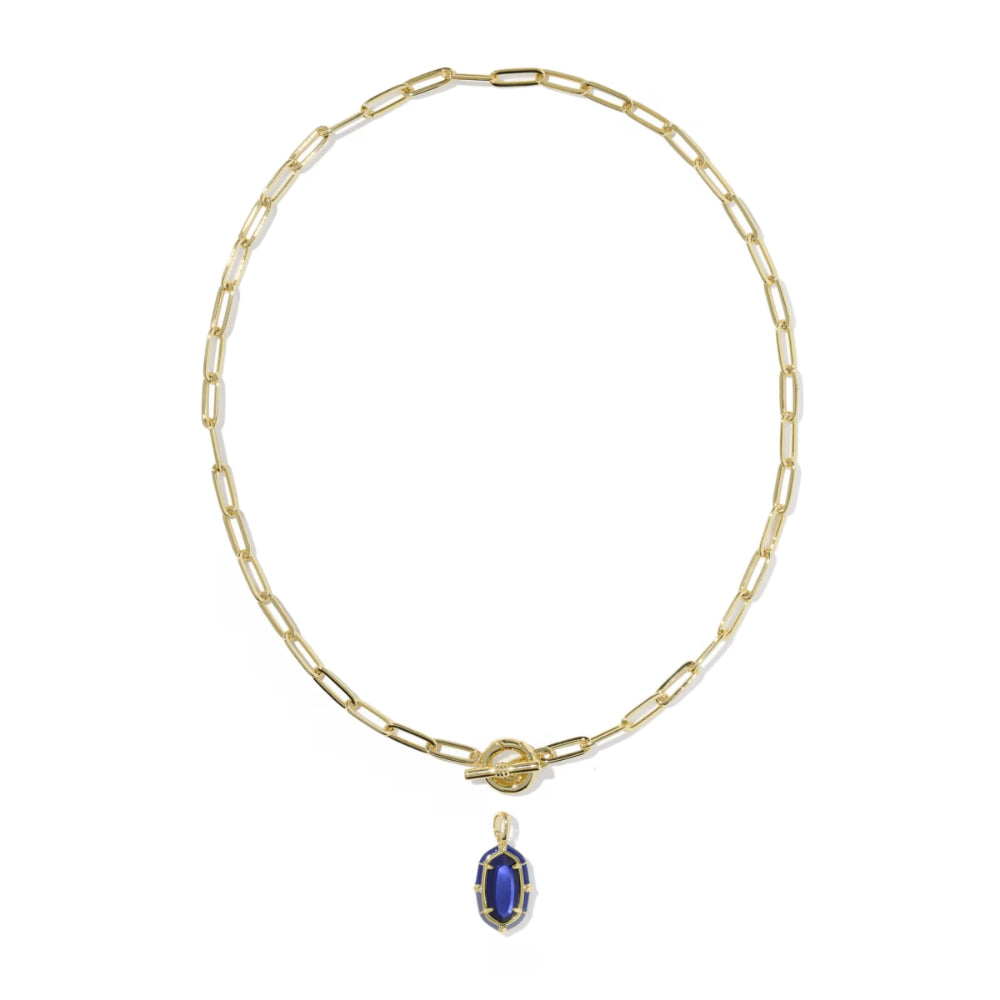 A gold paperclip chain necklace with a small oval blue gemstone pendant, displayed on a clean white background.