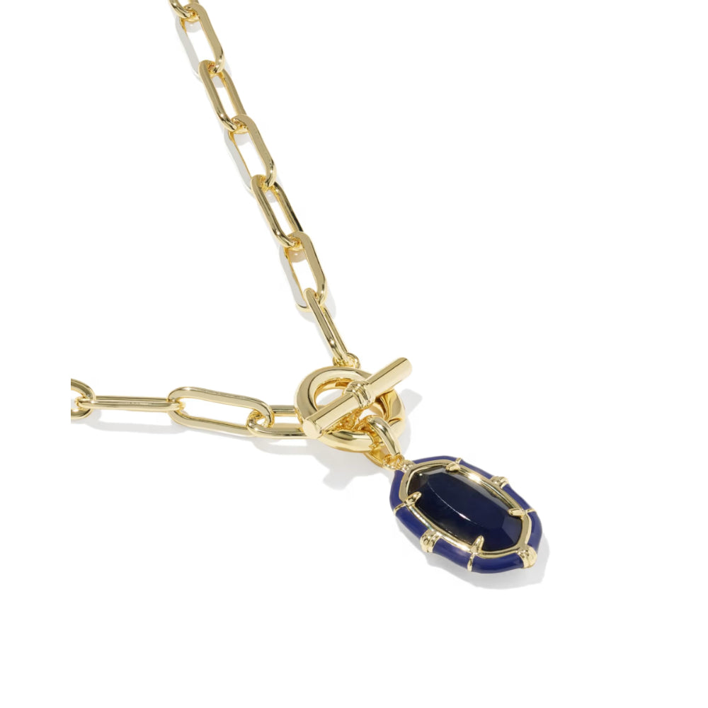 A gold paperclip chain necklace with a toggle clasp and a teardrop-shaped dark blue enamel pendant, shown on a clean white background.