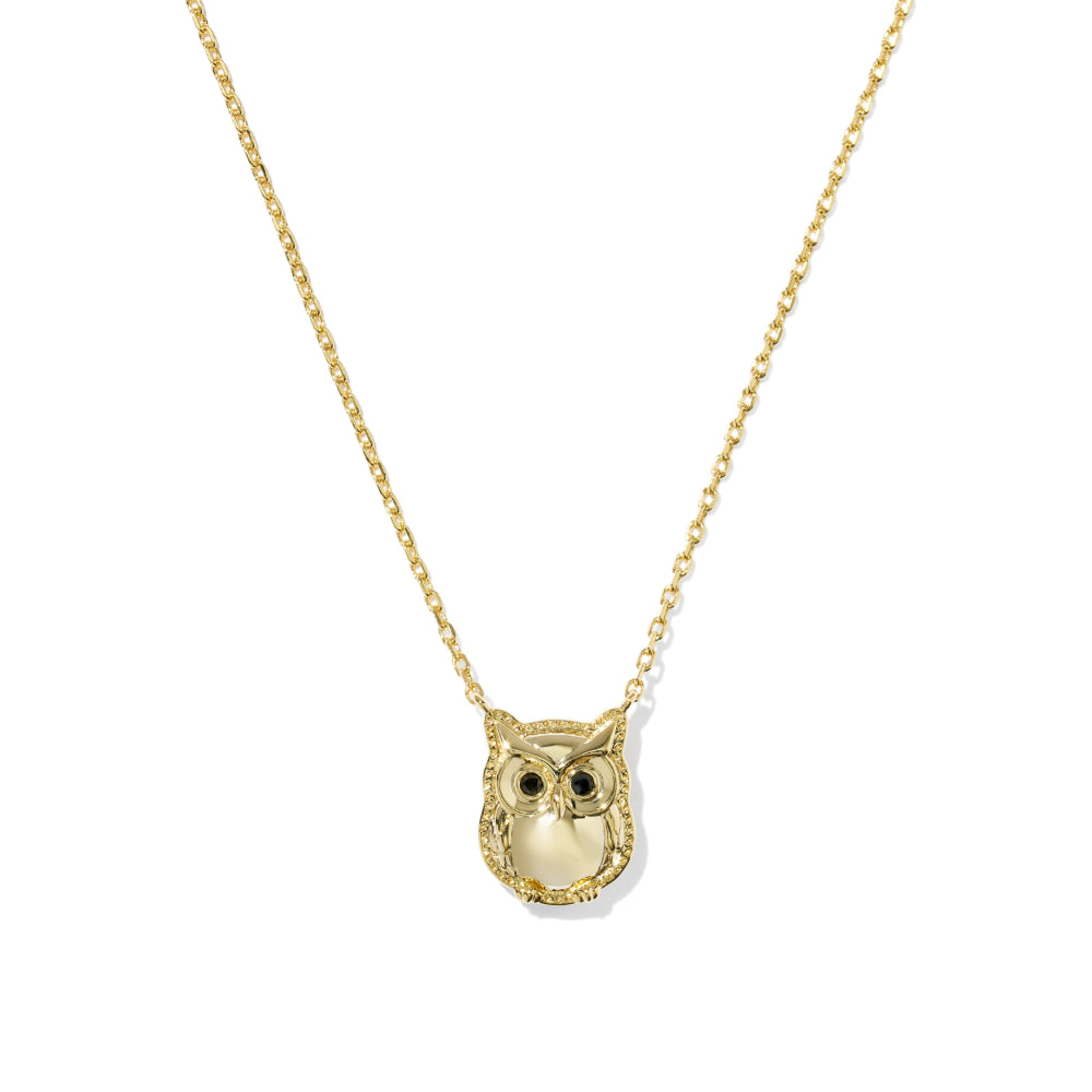 A gold owl pendant necklace on a delicate gold chain, shown against a plain white background.