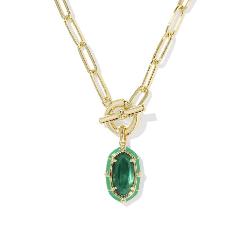 A gold paperclip chain necklace with a toggle clasp and a green oval pendant, shown on a clean white background.