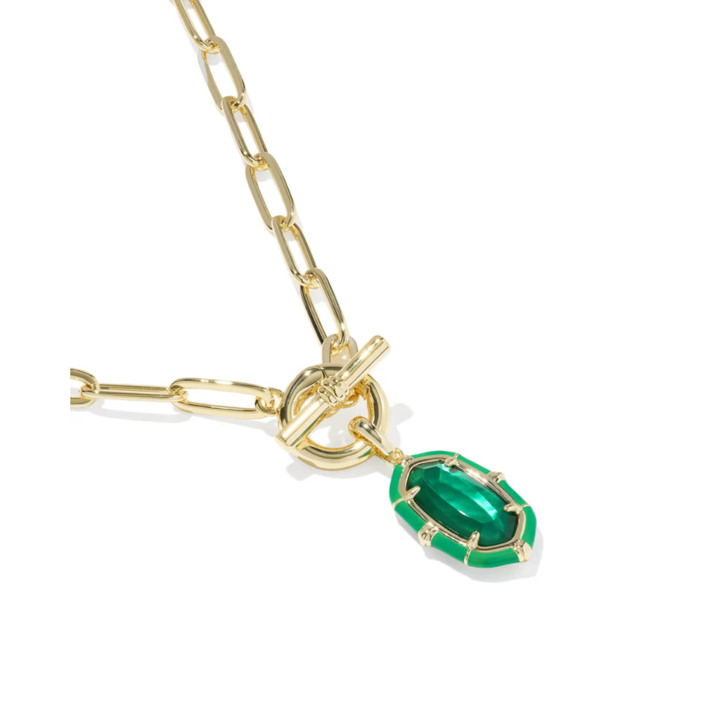 A gold chain necklace featuring a toggle clasp and a dangling green gemstone pendant with a geometric gold frame, shown on a clean white background.