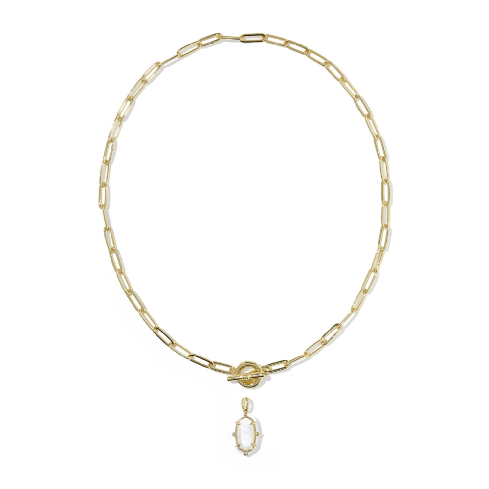 A gold paperclip chain necklace with a small oval pendant, displayed on a clean white background.