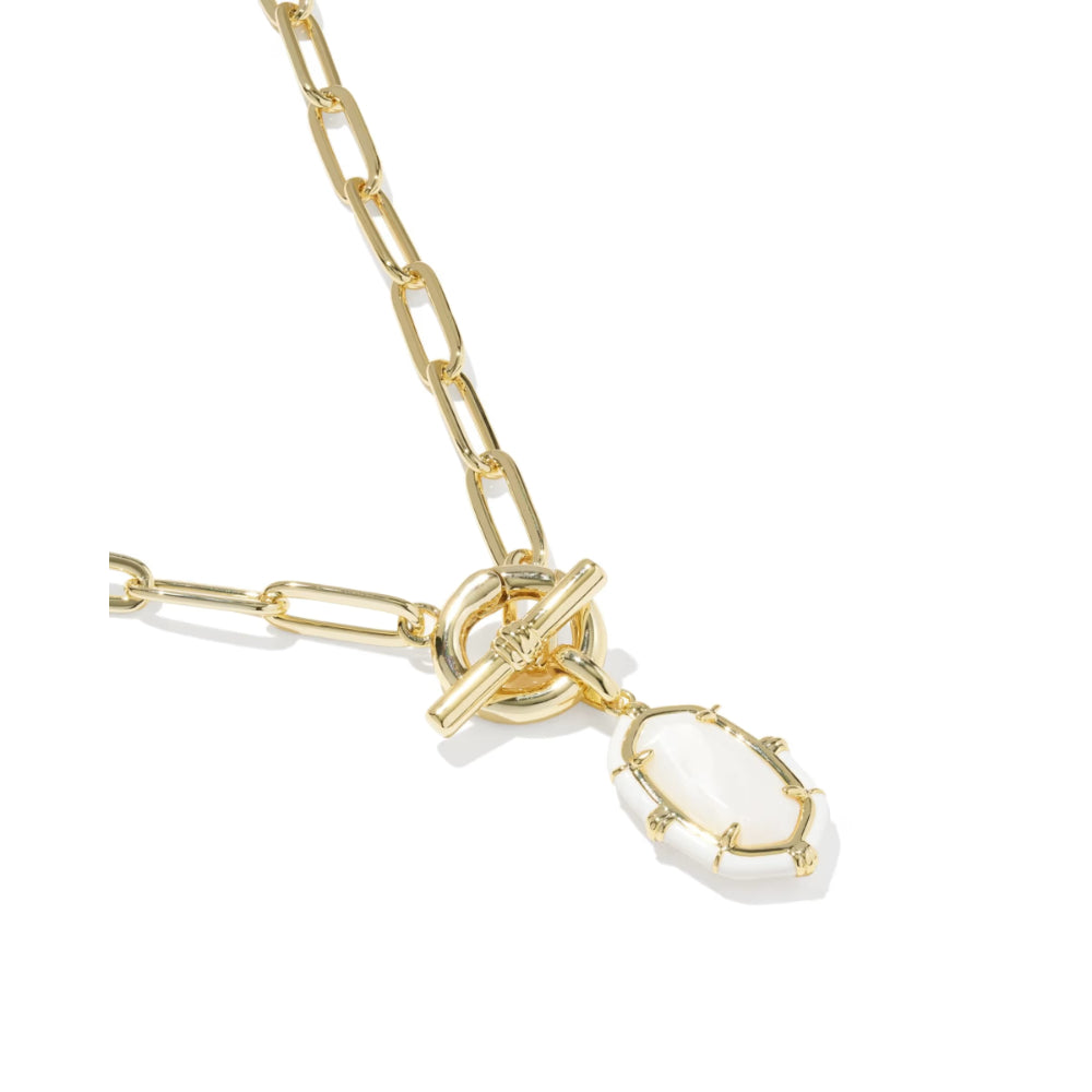 A gold paperclip chain necklace with a toggle clasp and a dangling oval white stone pendant, shown on a clean white background.