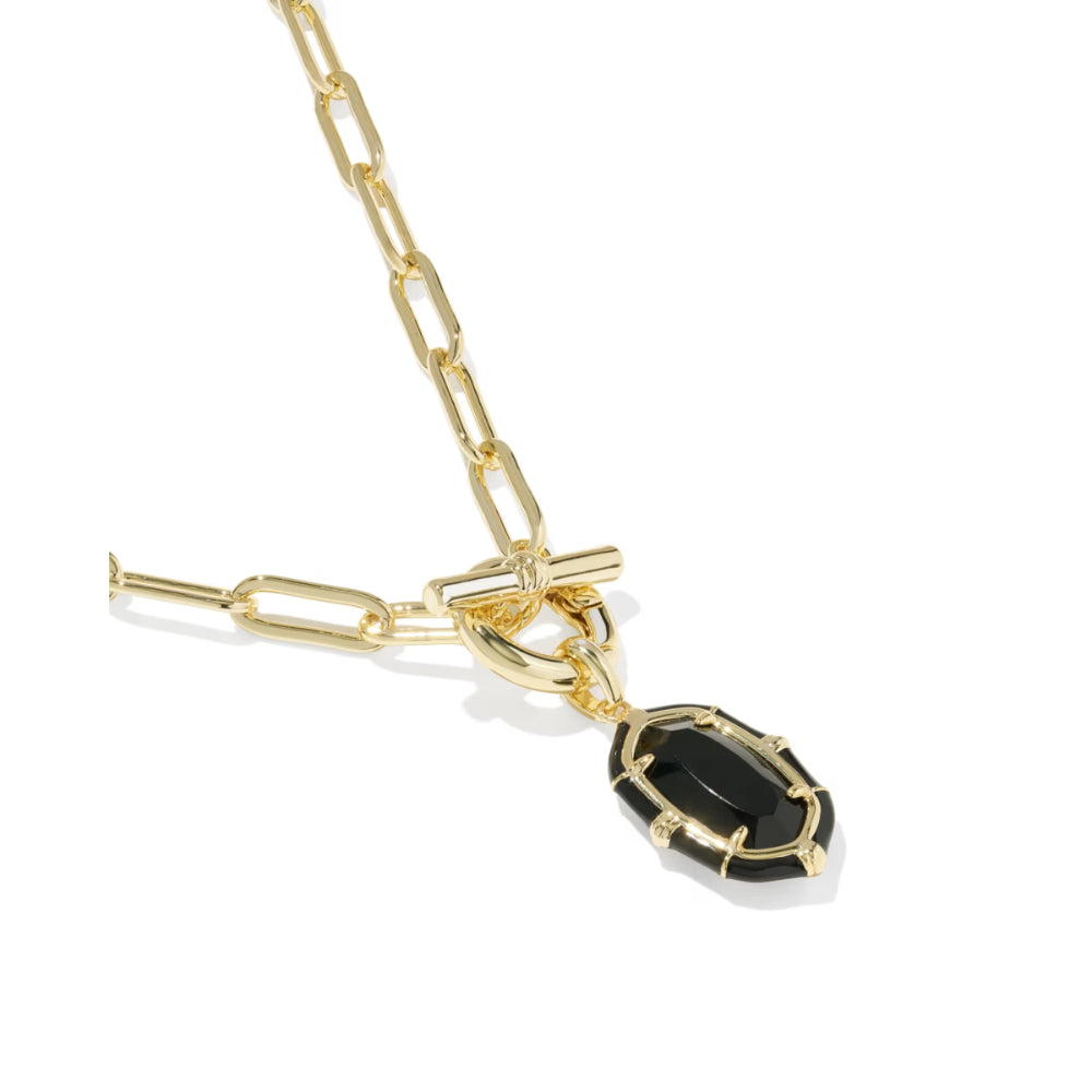 A gold chain necklace featuring a toggle clasp and a teardrop-shaped black onyx pendant, shown on a clean white background.