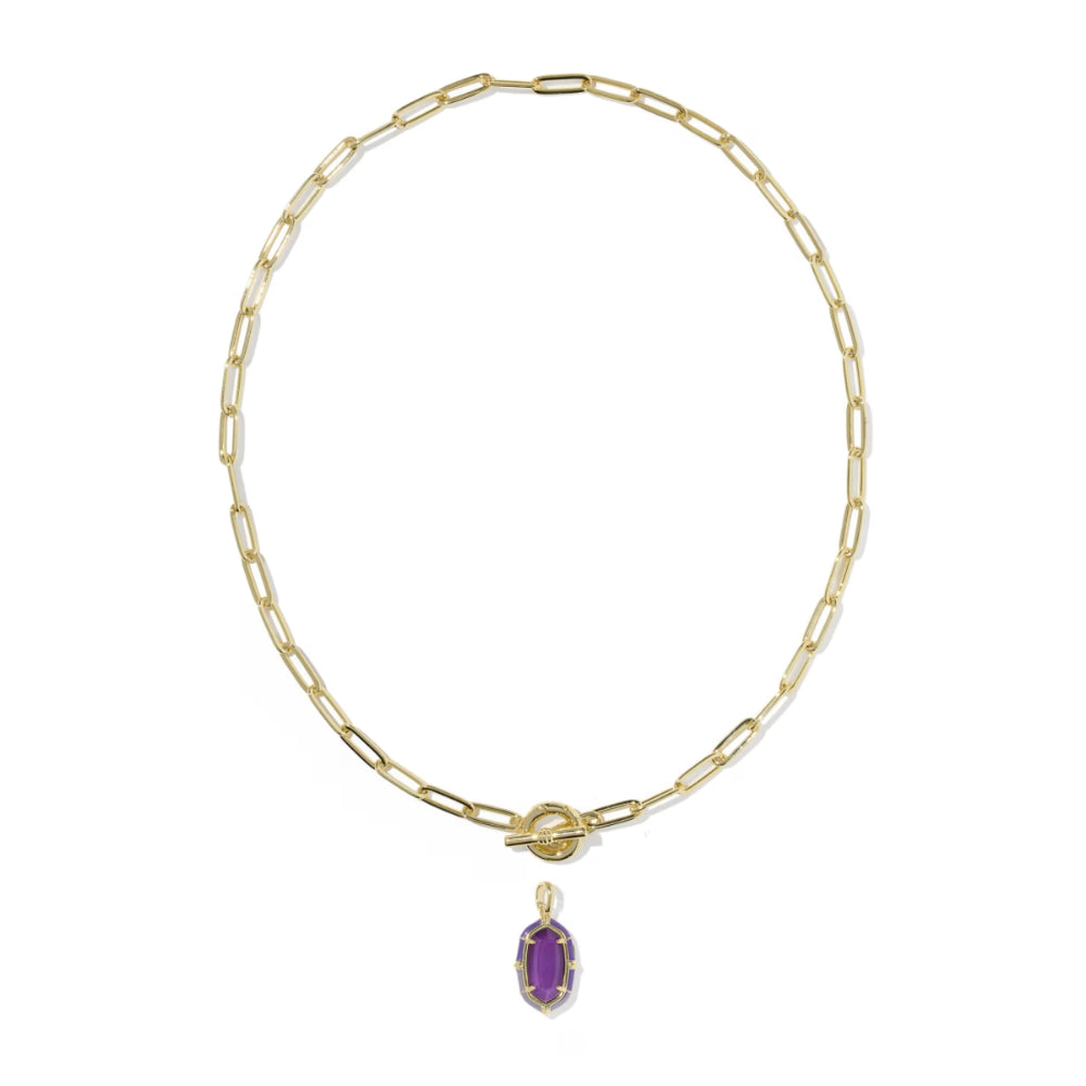 A gold paperclip chain necklace with a small oval purple gemstone pendant, displayed on a clean white background.