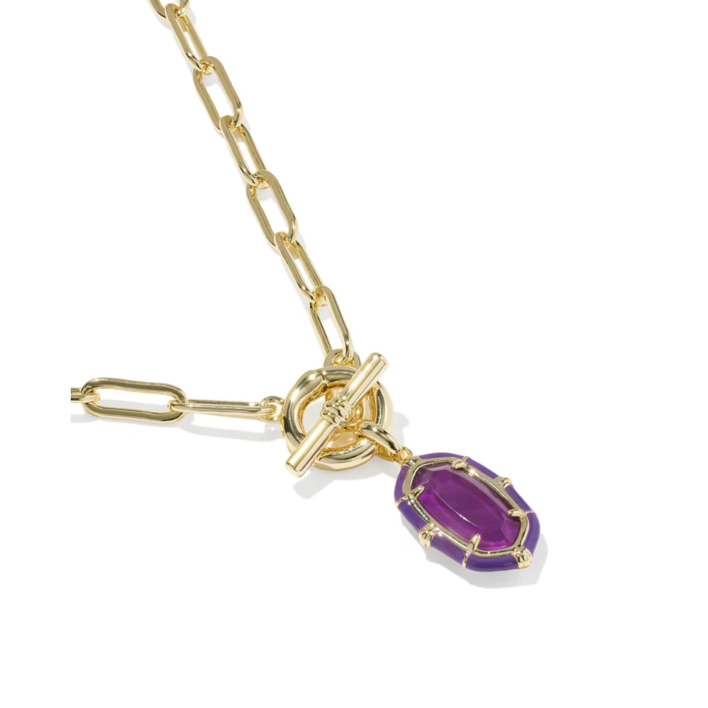 A gold chain necklace with a toggle clasp and a teardrop-shaped purple gemstone pendant, shown on a clean white background.