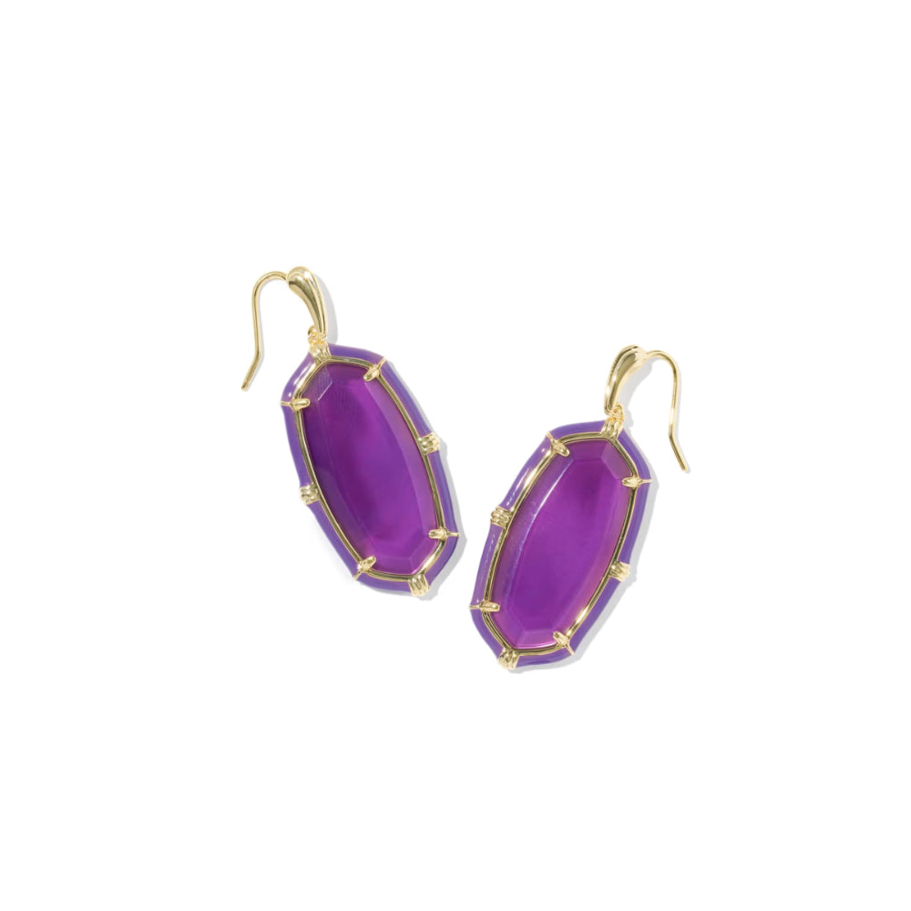 A pair of gold-tone drop earrings featuring large, oval-cut purple gemstones with a bezel setting, shown against a plain white background.