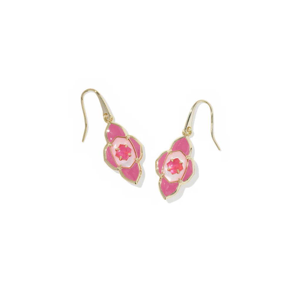 Pink earrings with gold hooks on a white background