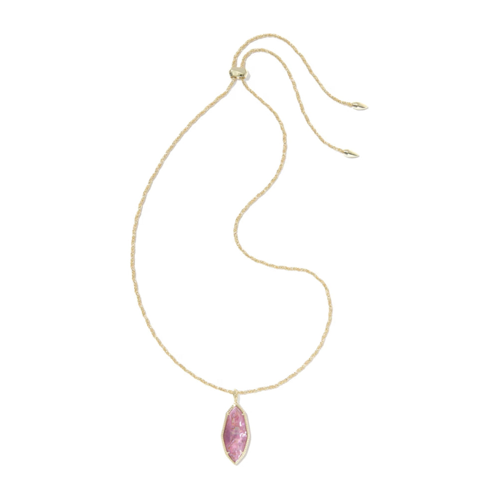 Gold necklace with a pink pendant on a white background