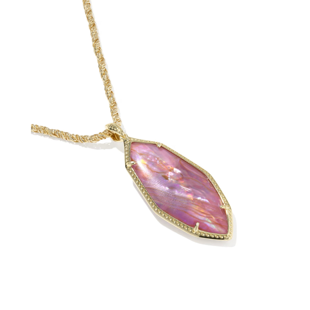 Necklace with a pink teardrop pendant on a white background