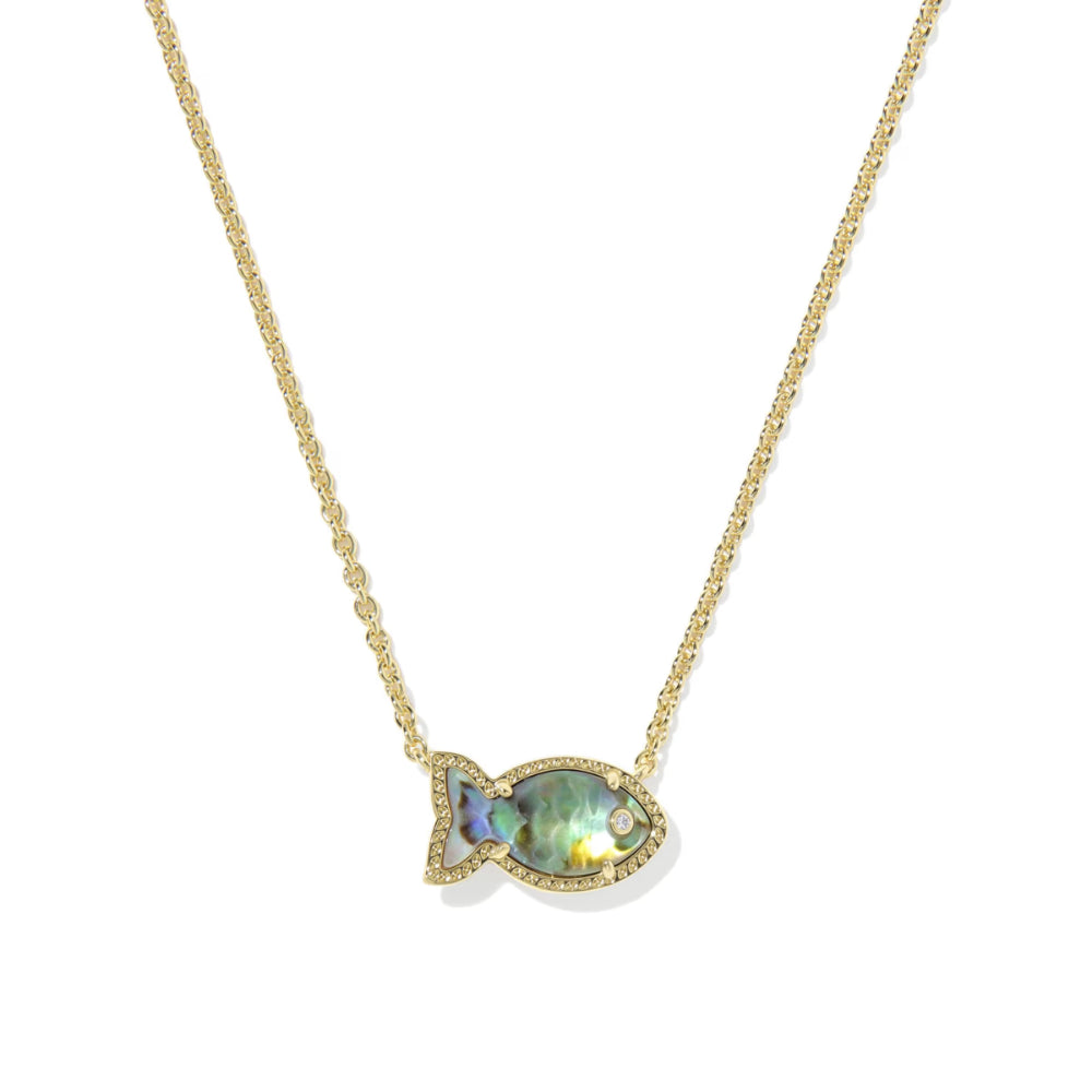 Necklace with a fish-shaped pendant featuring a colorful gemstone on a white background