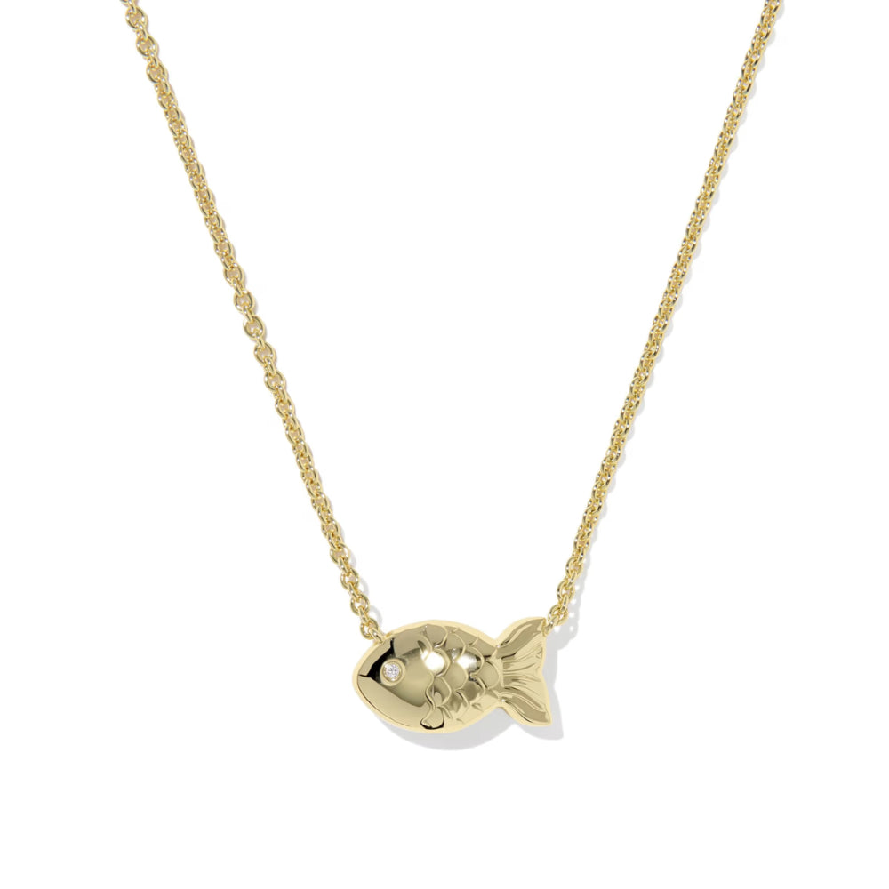 Gold fish-shaped pendant on a chain against a white background