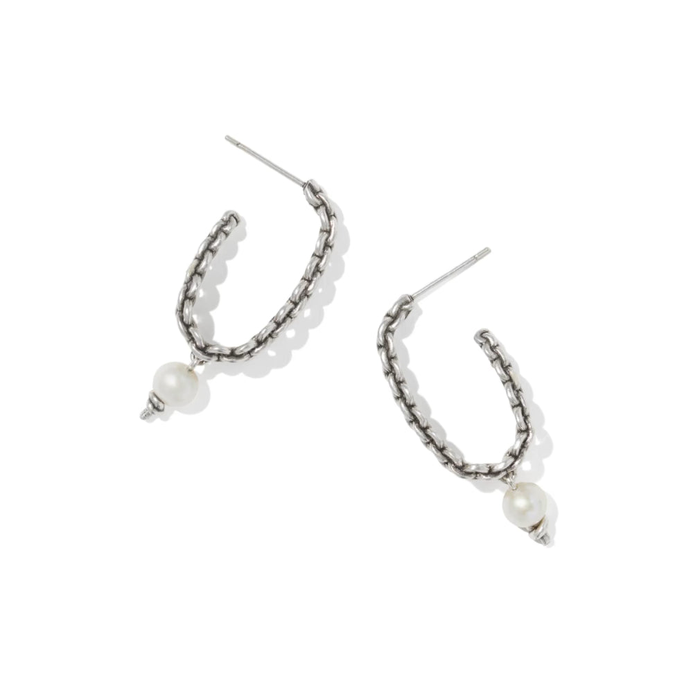 Pair of hoop earrings with pearl beads on a white background