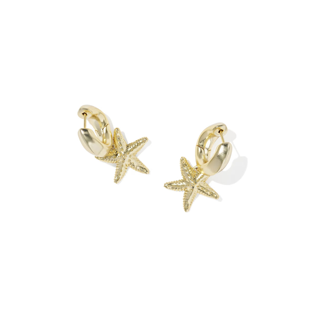 Gold hoop earrings with starfish designs on a white background