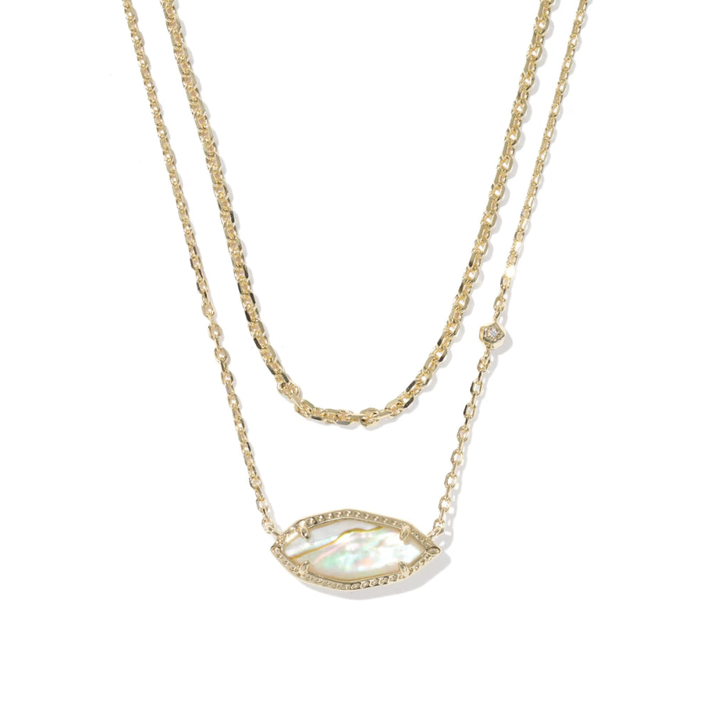 Gold necklace with a teardrop-shaped pendant on a white background