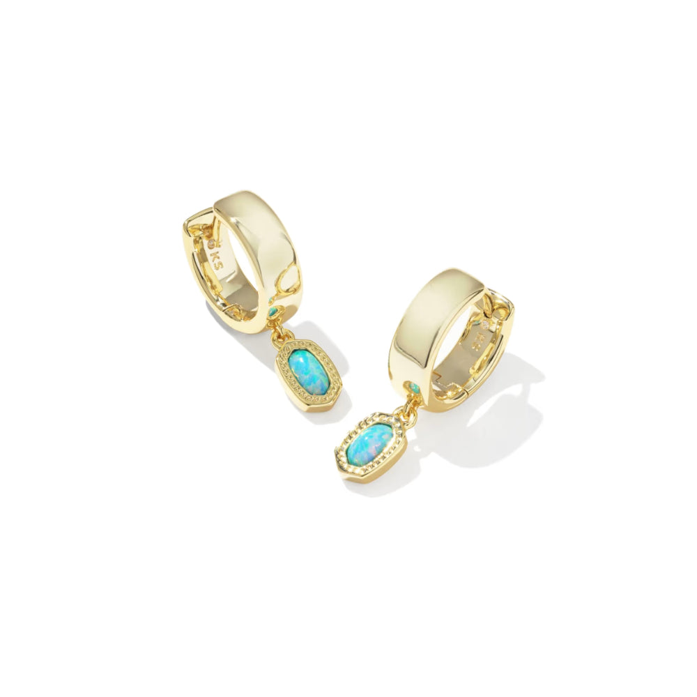 Gold hoop earrings with turquoise stones on a white background