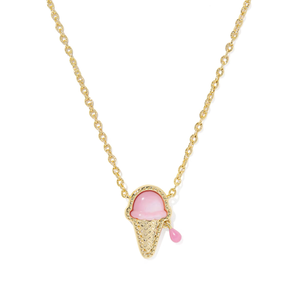 Necklace with a gold ice cream cone pendant featuring pink and drop on a white background