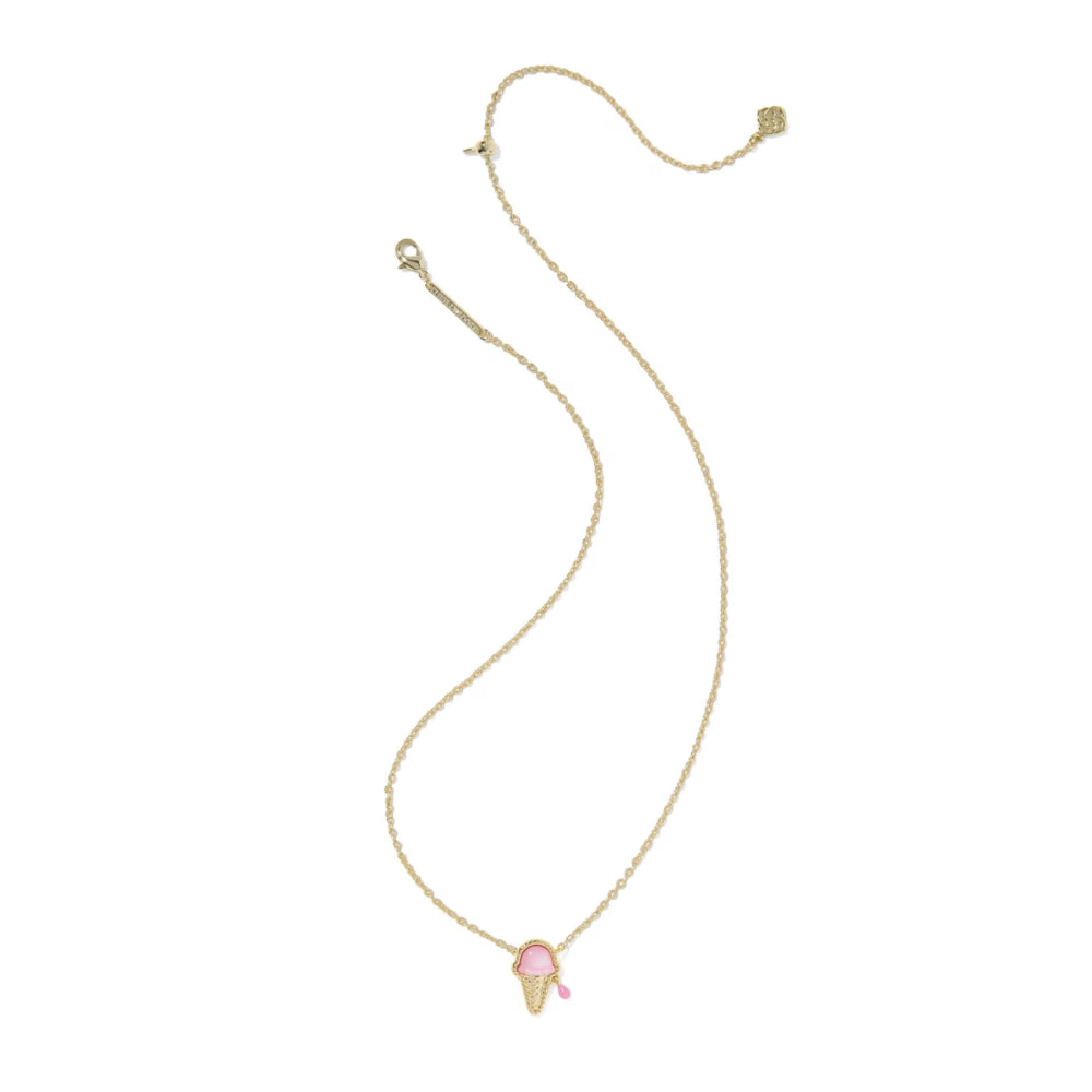 Gold necklace with a pink ice cream cone pendant on a white background