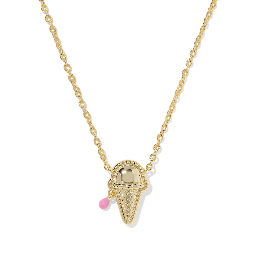Gold ice cream cone necklace on a white background