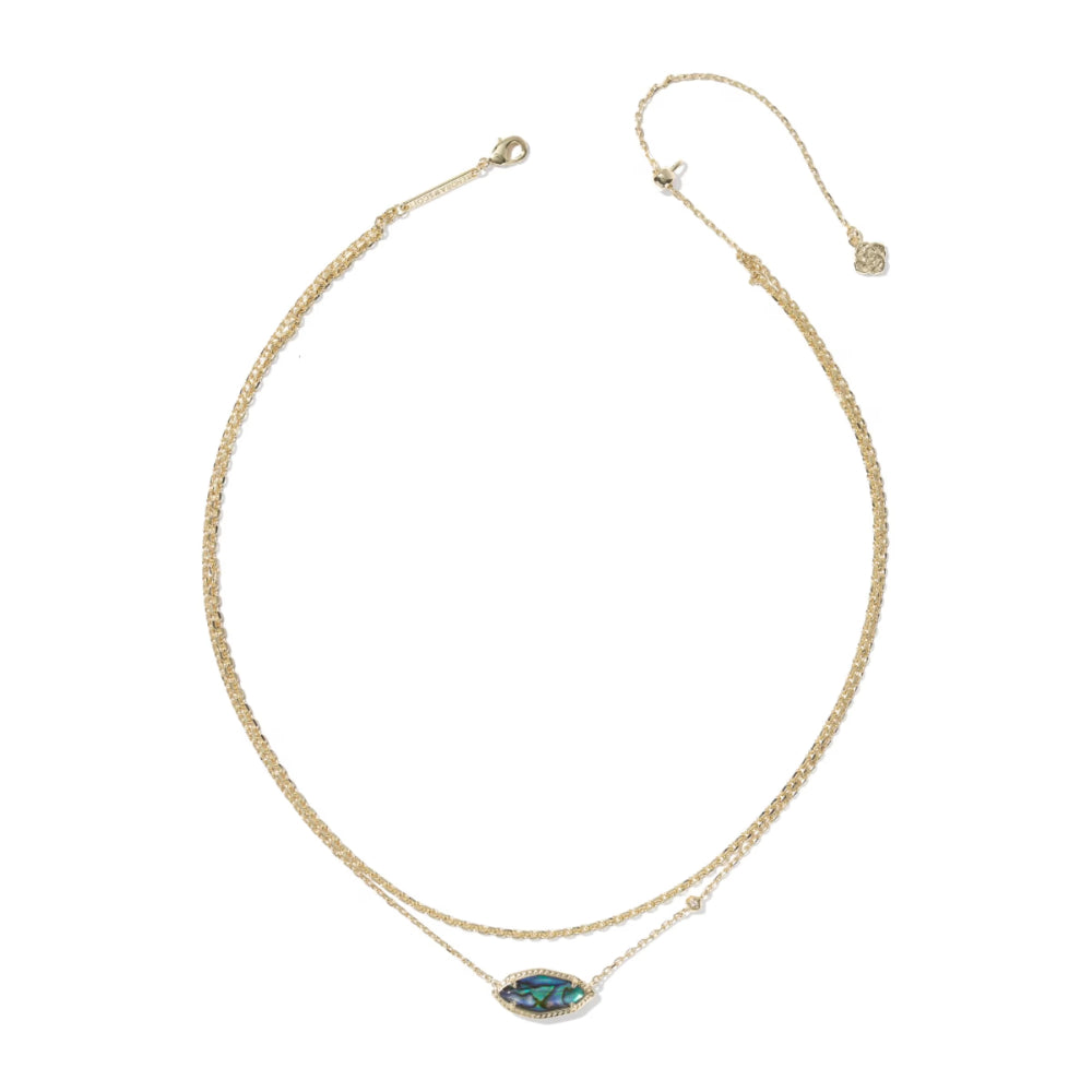 Gold necklace with a green gemstone pendant on a white background