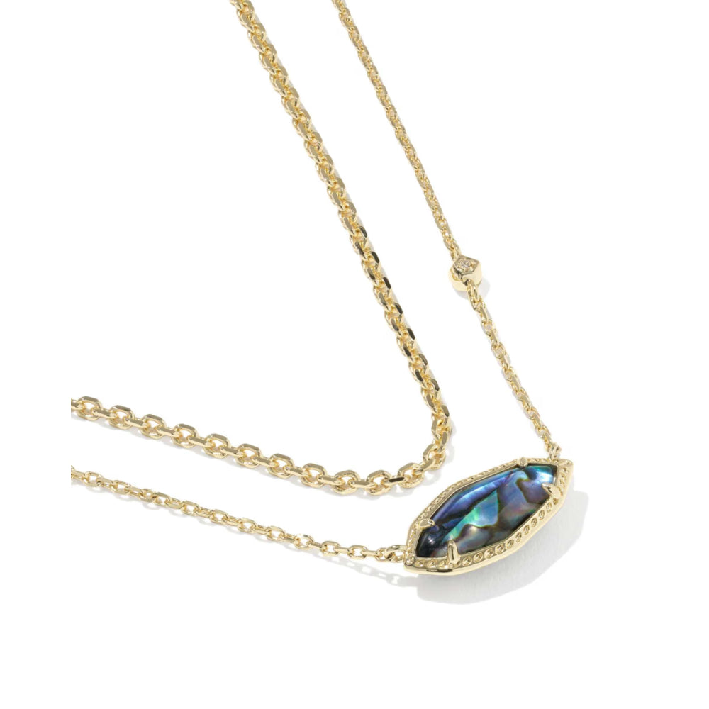 Gold necklace with a pendant featuring a blue gemstone on a white background