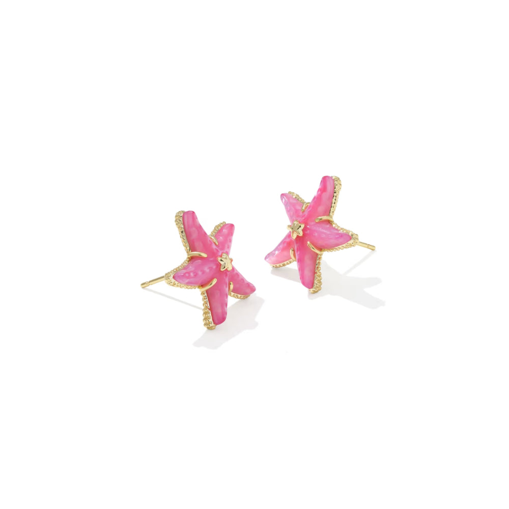 Pink star-shaped earrings with gold accents on a white background