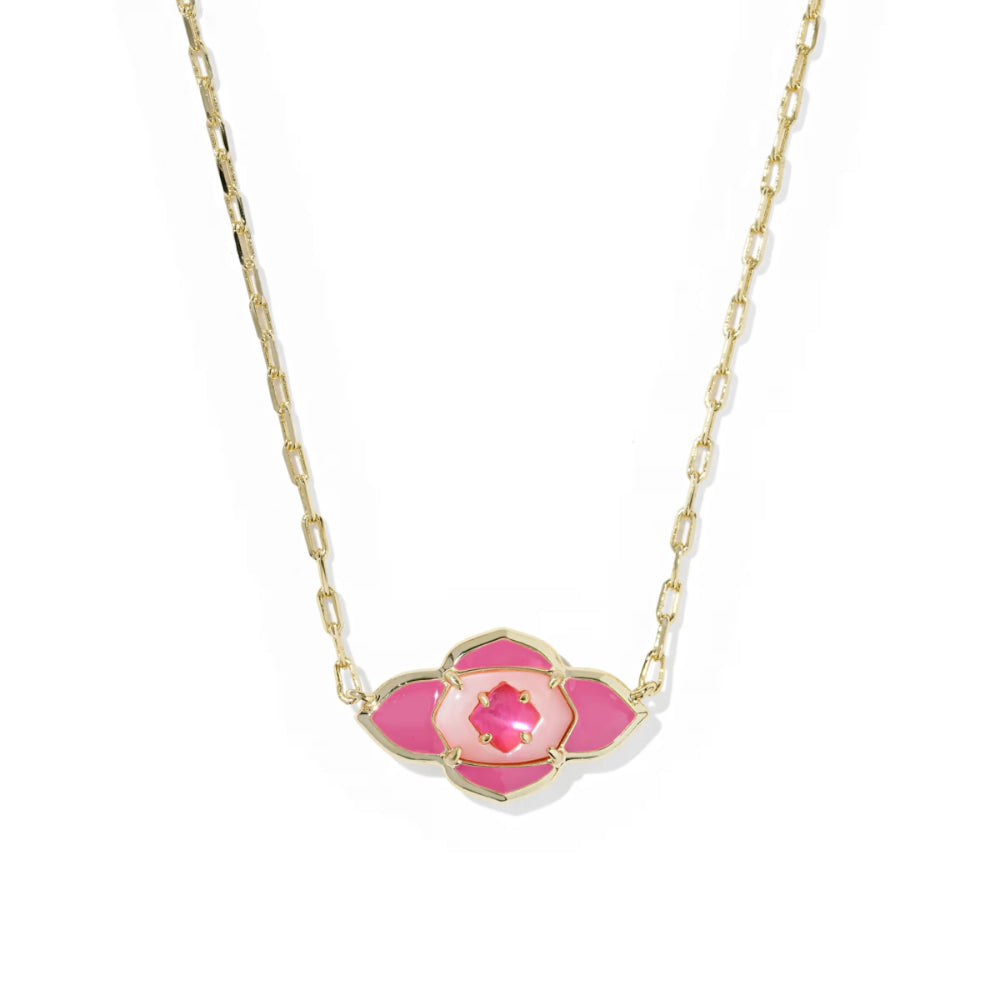 Necklace with a pink floral pendant on a white background