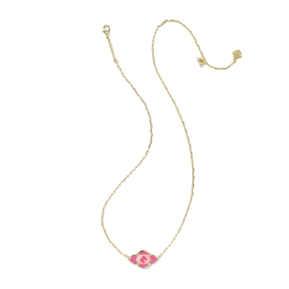 Necklace with a pink flower pendant on a white background