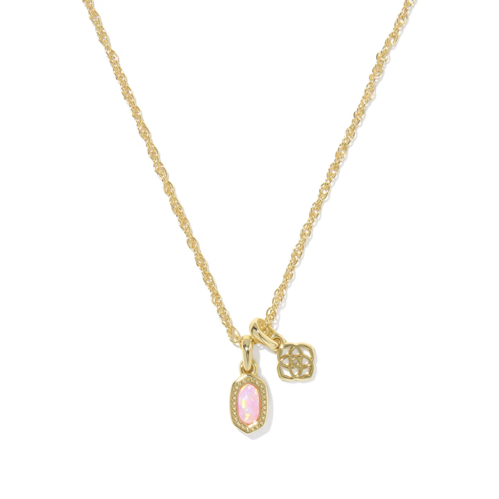 Gold necklace with two charms on a white background