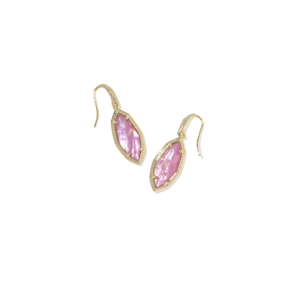 Gold earrings with pink gemstones on a white background