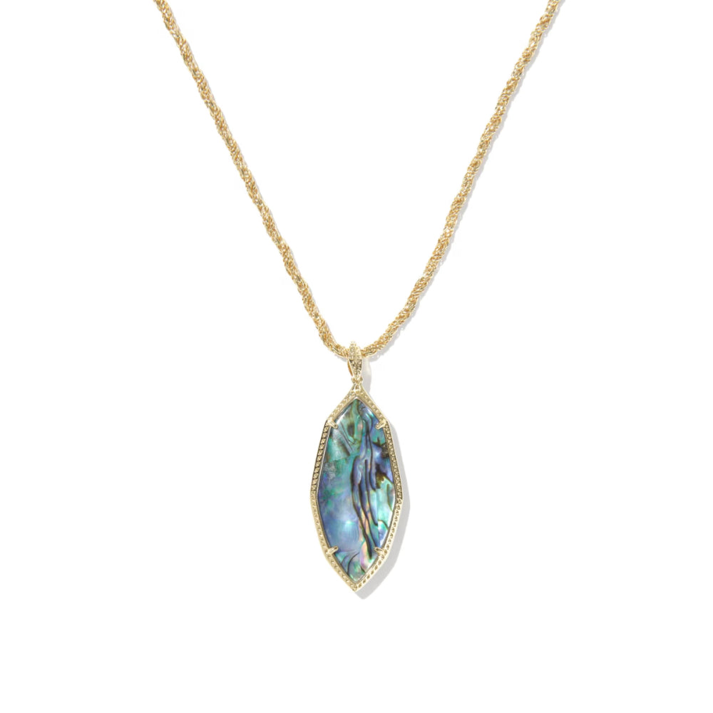 Gold necklace with a green marquise-shaped pendant on a white background