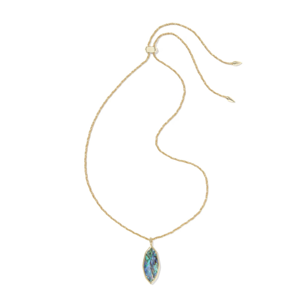 Gold necklace with a blue pendant on a white background