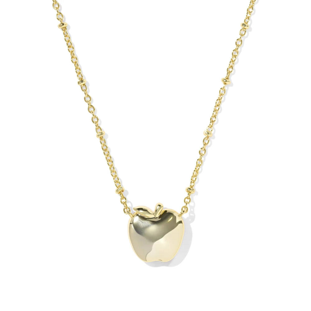 A polished gold apple pendant necklace on a delicate gold chain, shown against a clean white background.