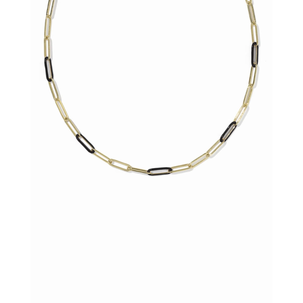A gold paperclip chain necklace with alternating gold and black links, displayed on a clean white background.