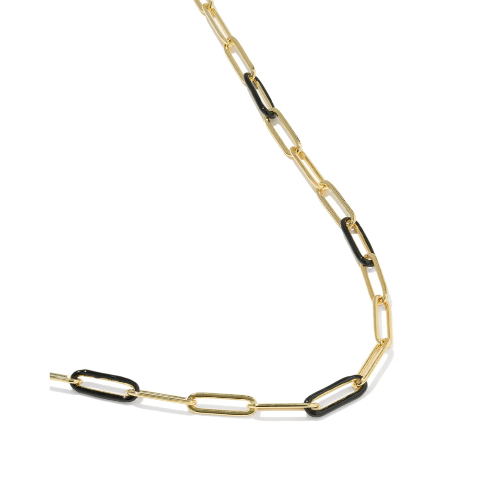 A gold paperclip chain necklace with alternating gold and black paperclip links, displayed on a clean white background.