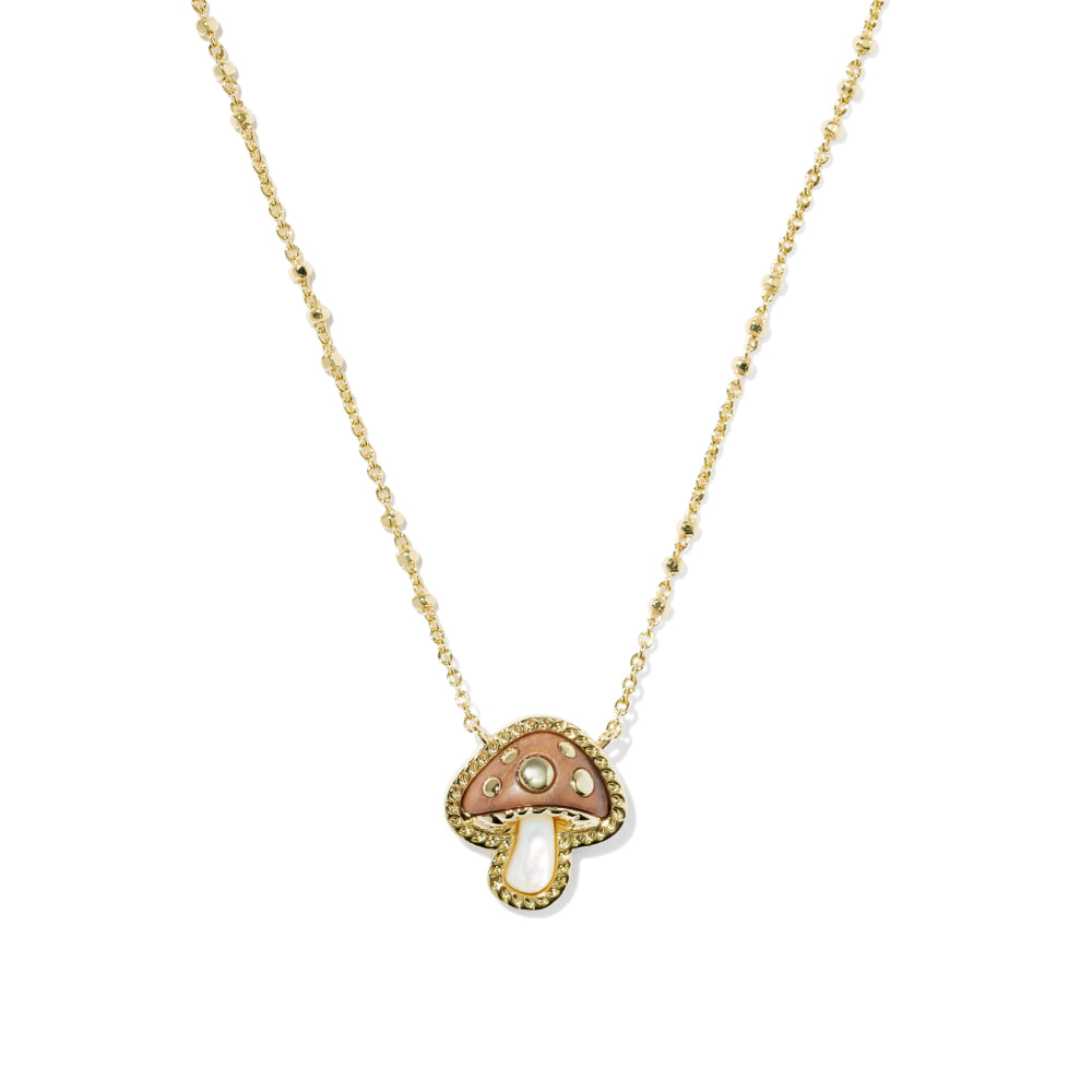 A delicate gold chain necklace featuring a mushroom-shaped pendant with a pinkish-brown inlay, a small white pearl at the center, and a textured gold border, shown against a plain white background.