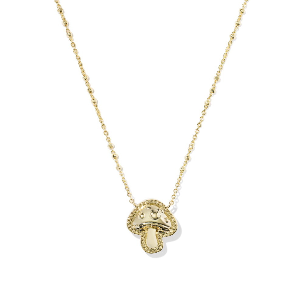 A delicate gold chain necklace featuring a small mushroom-shaped pendant with a textured beaded border, shown against a plain white background.