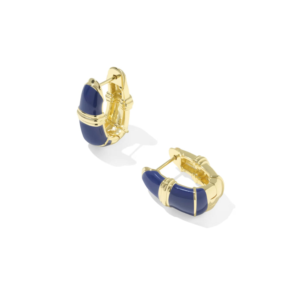 A pair of gold and navy blue hoop earrings with textured gold bands, shown on a clean white background.