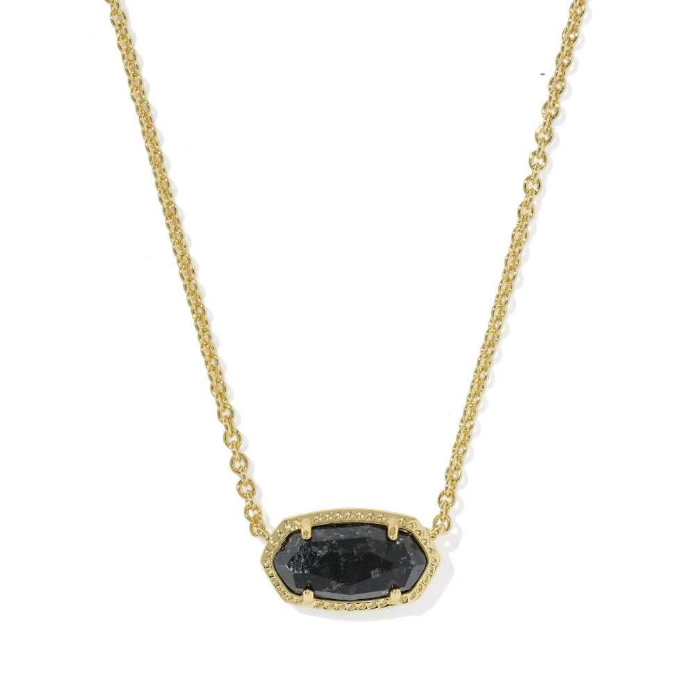 A gold chain necklace with a marquise-shaped dark gray stone pendant, set in a gold bezel with a micro-pave border, shown against a plain white background.