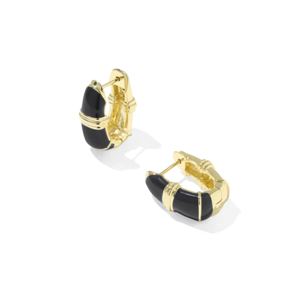 A pair of gold hoop earrings with black enamel inlay, shown on a clean white background.