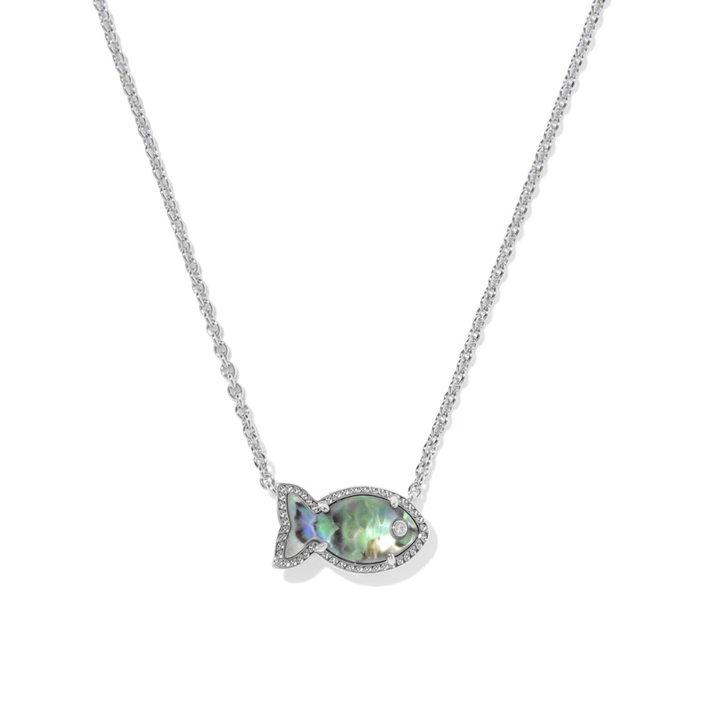Necklace with a fish-shaped pendant featuring a colorful gemstone on a white background
