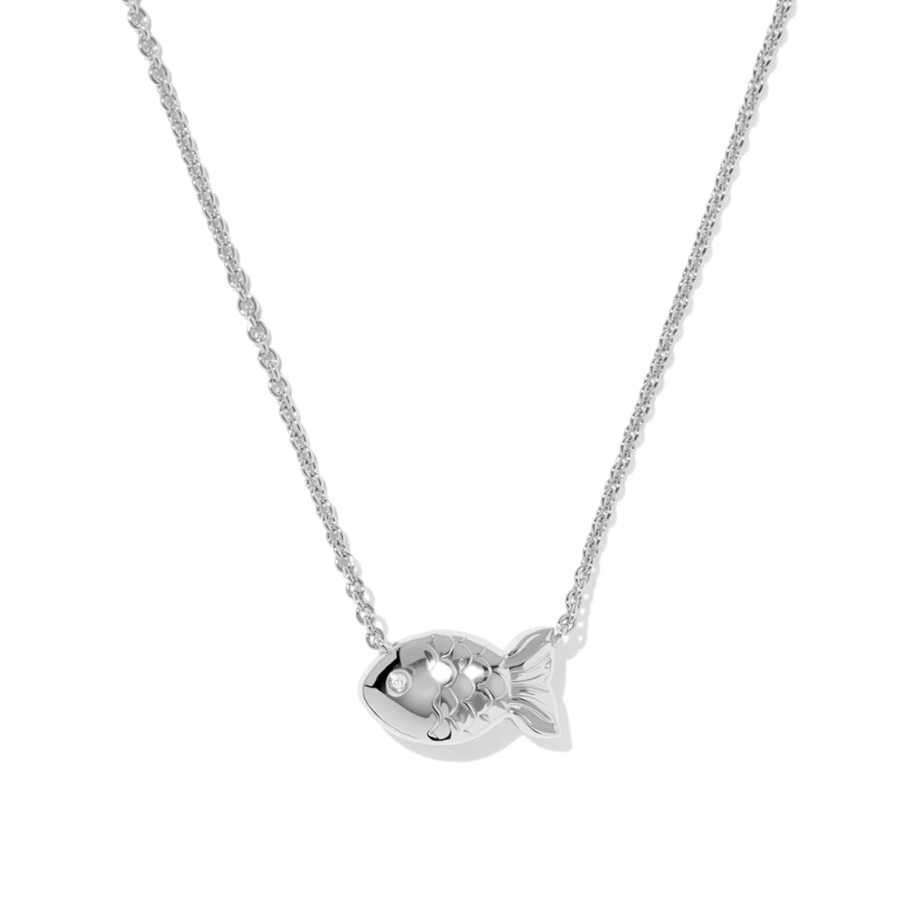 Silver fish-shaped pendant on a chain against a white background