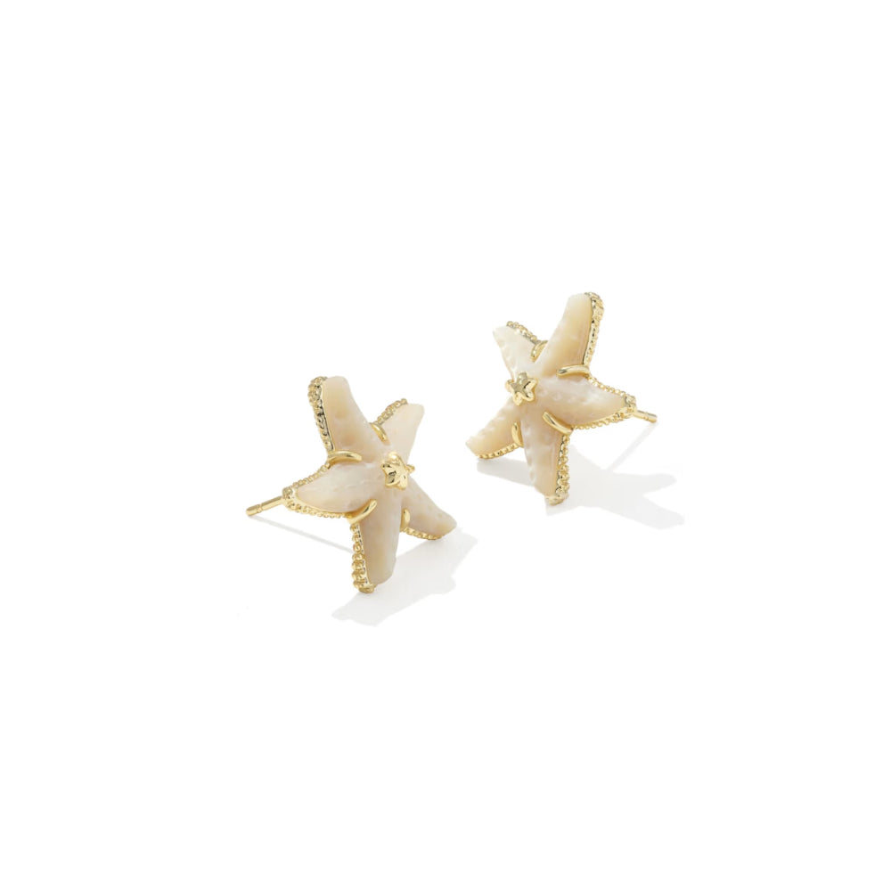 Starfish-shaped earrings with gold accents on a white background