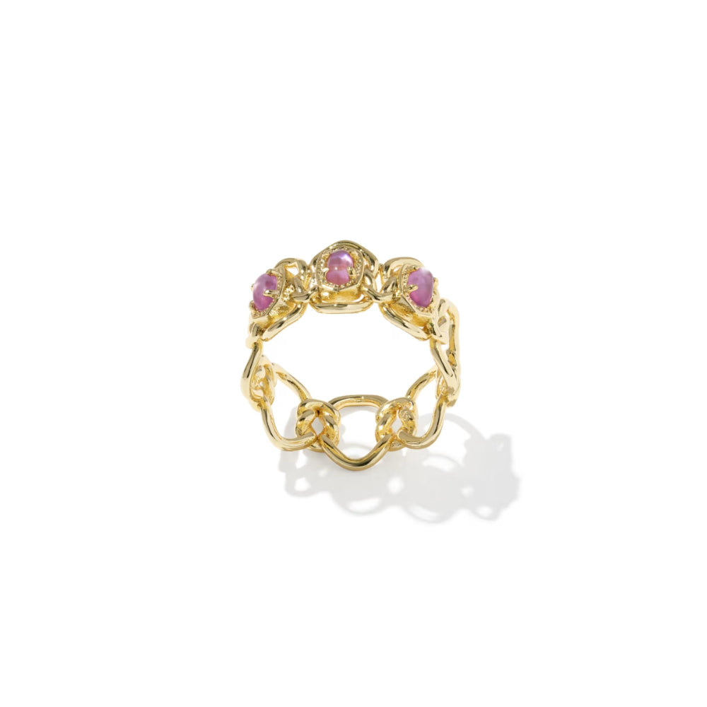 Gold ring with pink gemstones on a white background