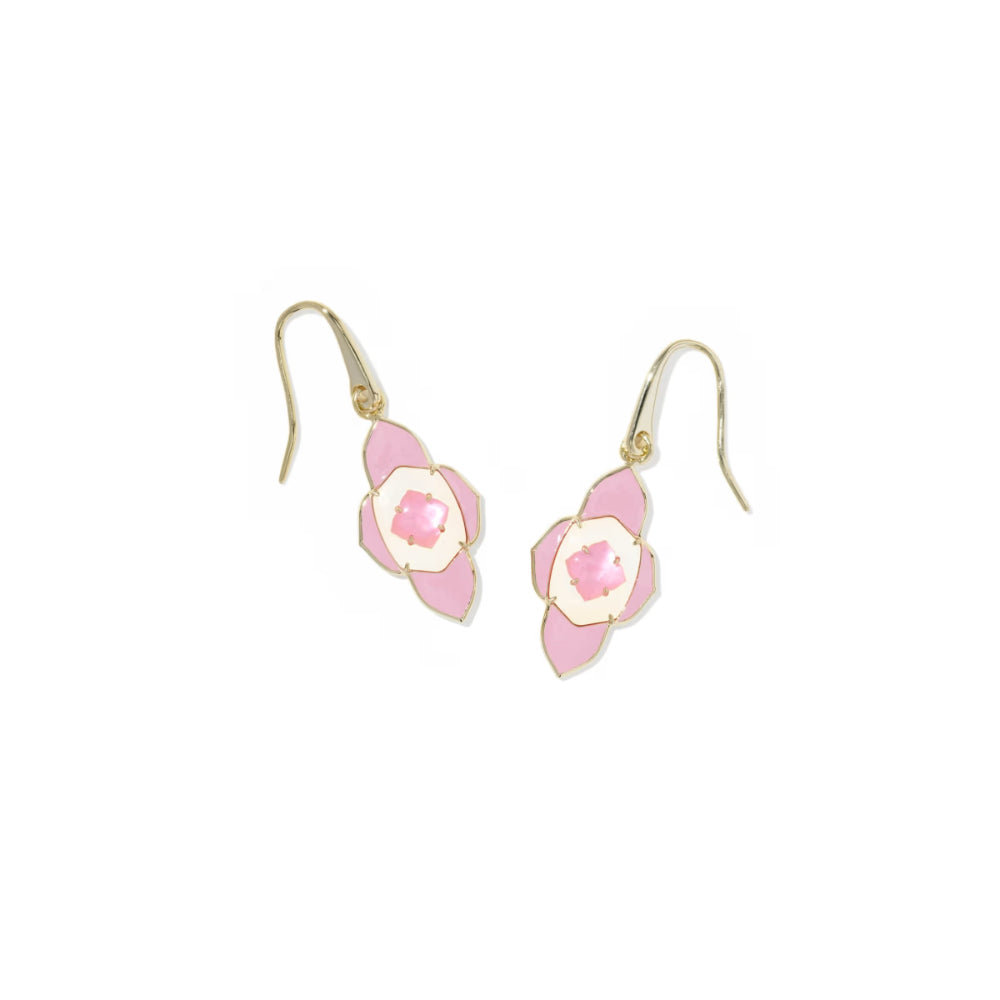 Pair of pink earrings with gold hooks on a white background