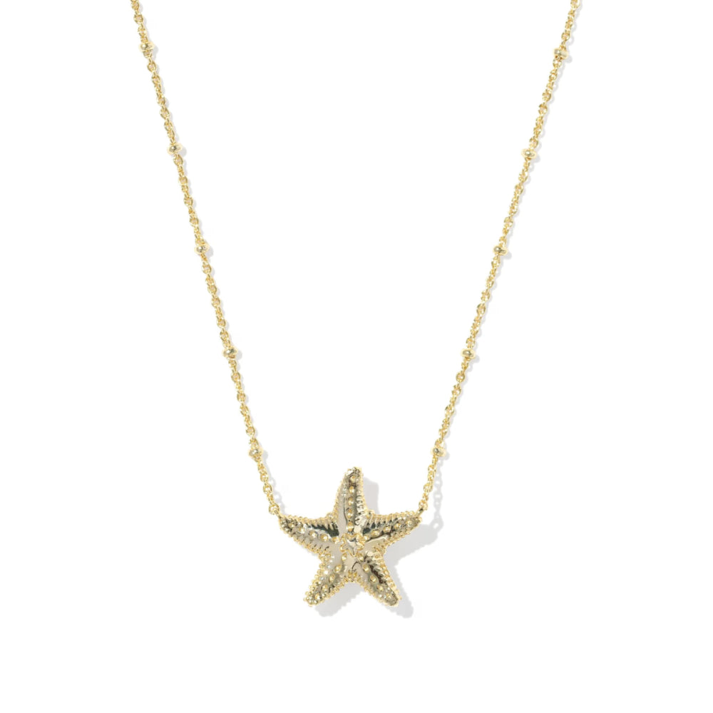 Gold starfish pendant necklace on a white background