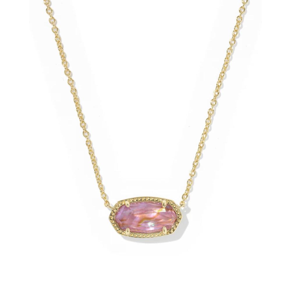 Necklace with a pink pendant on a gold chain against a white background